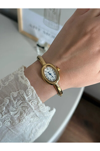 Qulothes Baignoe Düz Basic Kasa Kelepçe Kadın Kol Saati Gold (beyaz Kadran)