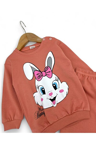 Ege Bebek Baby Girl Seasonal Long Sleeve Cute Rabbit Printed Sweathirt Top and Bottom Set