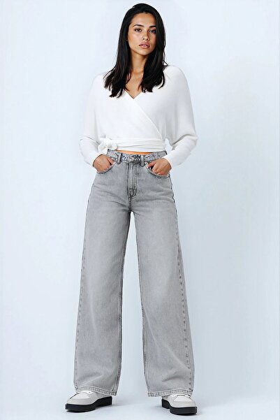 VAGGON Women's Light Gray High Waist 5 Pocket Baggy Jeans Vs01450