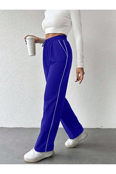 Miyalon Pantaloni de sport negri unisex, largi, cu talie elastică, cu dungi laterale și buzunare pentru femei