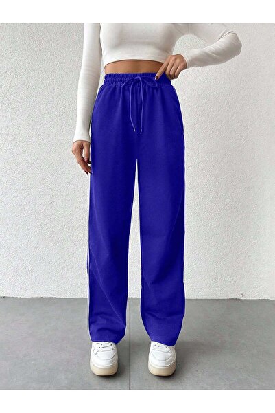 Miyalon Pantaloni de sport negri unisex, largi, cu talie elastică, cu dungi laterale și buzunare pentru femei