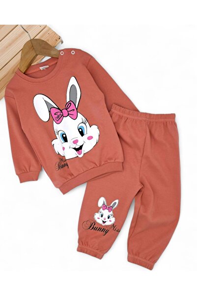 Ege Bebek Baby Girl Seasonal Long Sleeve Cute Rabbit Printed Sweathirt Top and Bottom Set