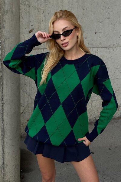 VAGGON Diamond Patterned Crew Neck Knitwear Sweater