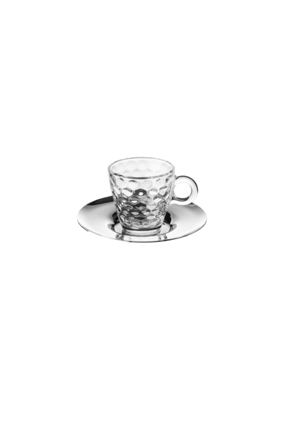 Dania Glass coffee cup set with stainless steel saucers – 6 pieces, with a stylish modern design