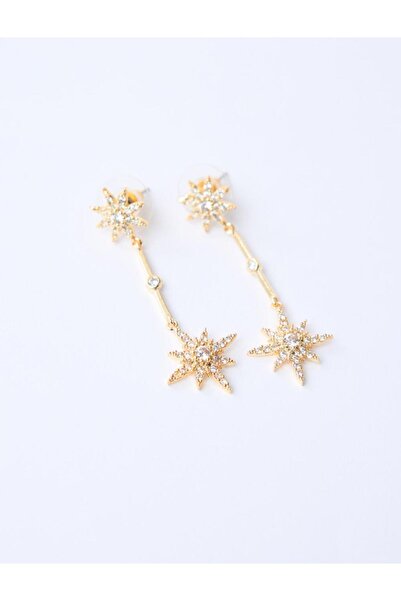 Jimmy Key Gold Color Shiny Stone Detailed Star Figured Swinging Earrings