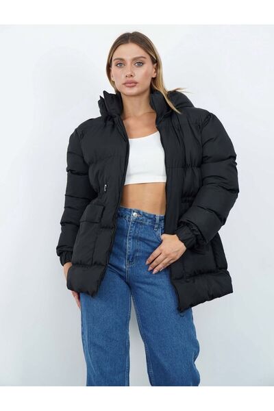 PEKA Belden büzgülü kapişonu fermuarlı şişme mont