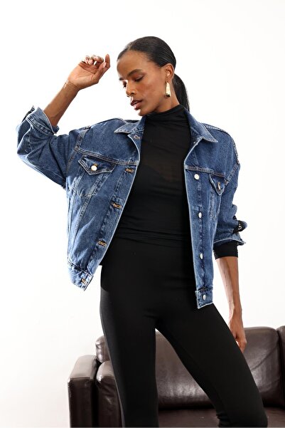 5in1Canpolat Blue Lace Detailed Denim Jacket