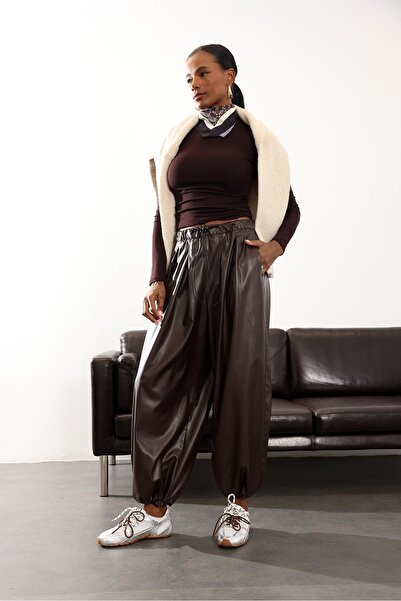 5in1Canpolat Brown Barrel Mold Leather Trousers 1602