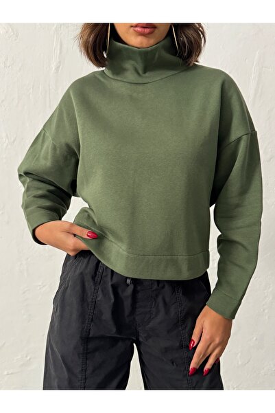 MELA ROSSA Women's Khaki Mock Neck Batwing Sleeve 3 Thread Short Sweat Blouse