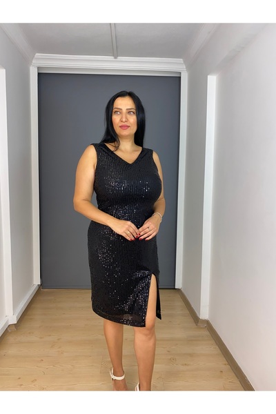 gökkuşagı moda Siyah Büyük Beden Payet Kısa V Yaka Kalın Askılı Likralı Abiye...