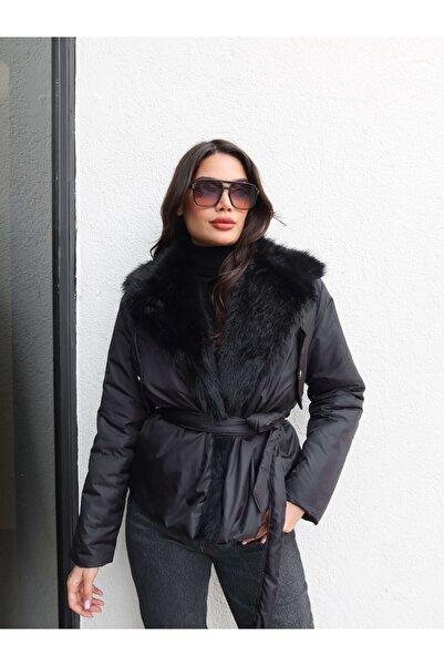 ESRAHELVACI Collar Faux Fur Tie-Up Coat