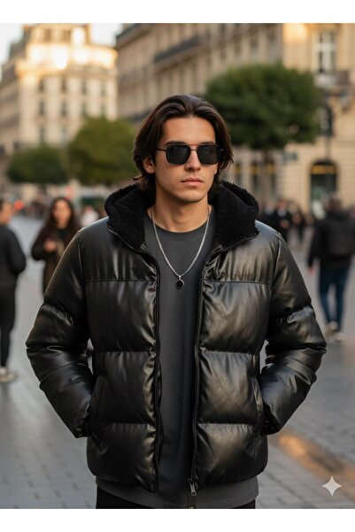 FREED MOND Men's down Jacket with Fur Lining and Hooded Leather Coat