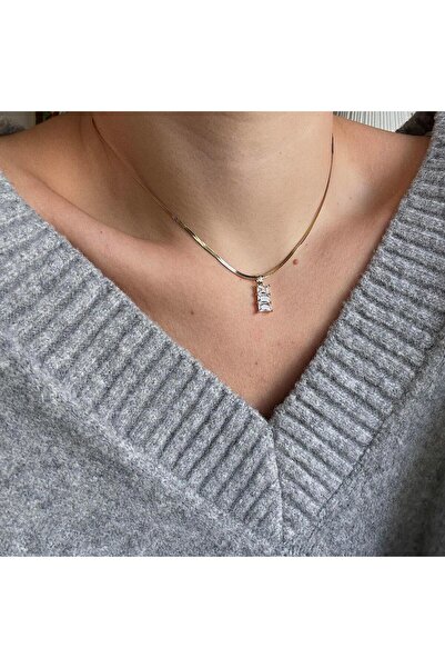 Alice İsstanbul Steel Italian Chain Necklace with 3 Baguette Stones