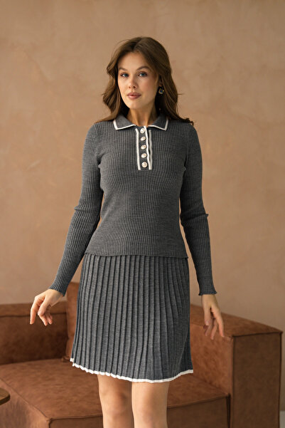 Park Karon Women's Polo Neck Button Detail Sweater Skirt Double Knitwear Set