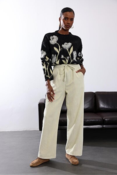 5in1Canpolat Ecru Elastic Waist Velvet Trousers 71211