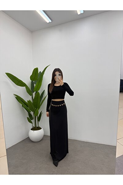 Ladima Women's Black Stretch Fabric High Waist Fitted Relaxed Polyamide Maxi Basic Skirt