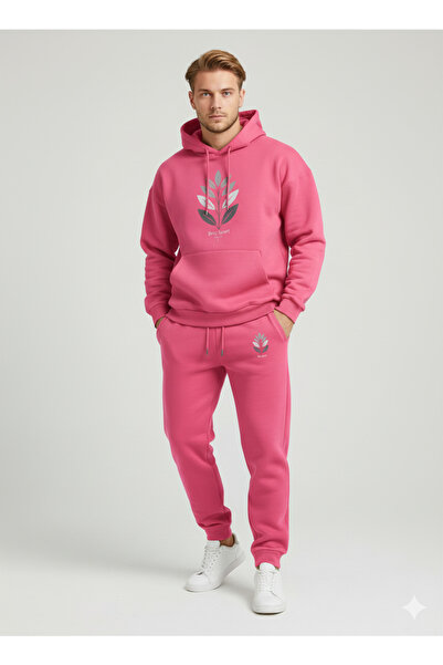 NİCE Three Thread Compact Hooded Cotton Inside Leaf B Printed Premium O Oversized Tracksuit Set