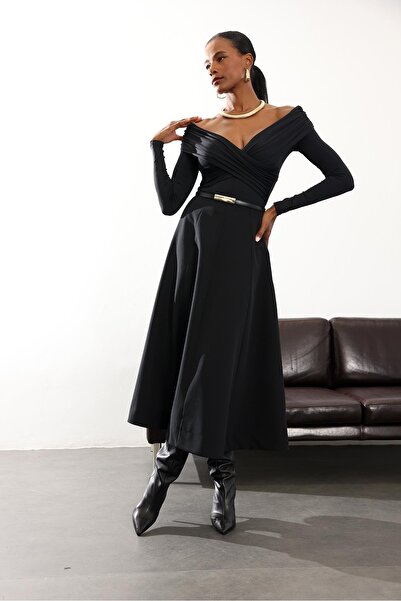 5in1Canpolat Black Tok Textured Midi Kate Skirt 50220