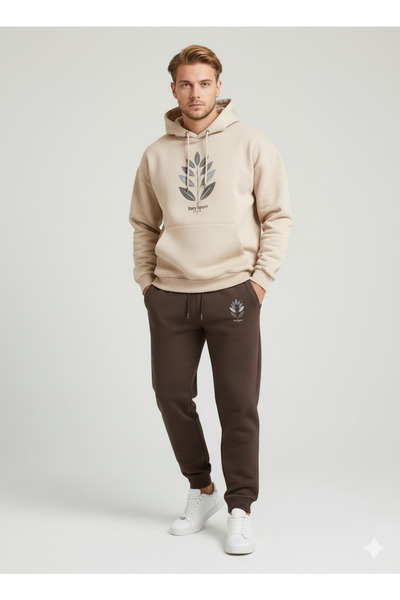 NİCE Three Thread Compact Hooded Cotton Inside Leaf B Printed Premium O Oversized Tracksuit Set