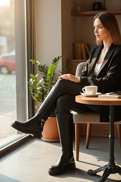 VeliKundura Black Long Zippered Stretch Stone Women's Boots