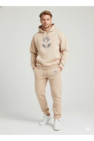 NİCE Three Thread Compact Hooded Cotton Inside Leaf B Printed Premium O Oversized Tracksuit Set