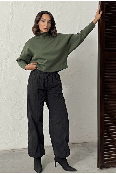 MELA ROSSA Women's Khaki Mock Neck Batwing Sleeve 3 Thread Short Sweat Blouse