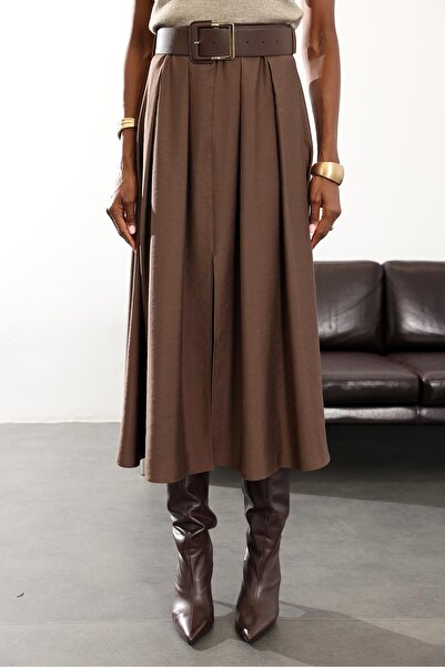 5in1Canpolat Brown Belted Midi Skirt