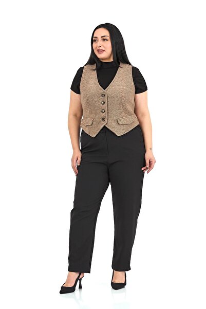 DISENTIS MODEST Plus Size Button Closure Pocket Flap Lined Short Herringbone Mink Vest