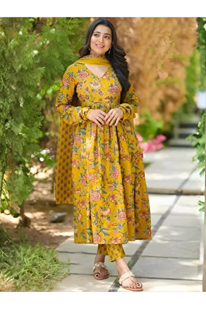 MYSMAR دوباتا سلوار قميص قطني فيسكوز أصفر خردلي - ALV2032 | أصفر خردلي