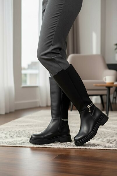 VeliKundura Black Long Zippered Stretch Stone Women's Boots