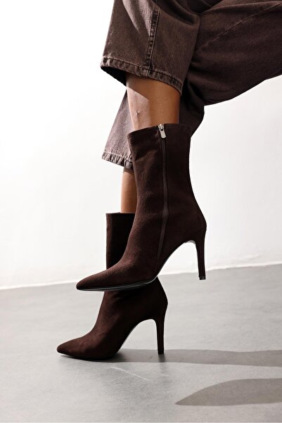 5in1Canpolat Brown Suede Pointed Toe Heeled Boots 24374-1