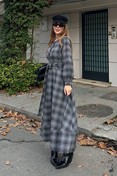 Laluvia Gray Plaid Belted Long Dress - 1235