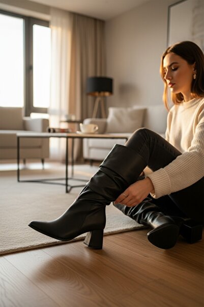 VeliKundura Black Long Ruffled Thin Sole Heel Women's Boots