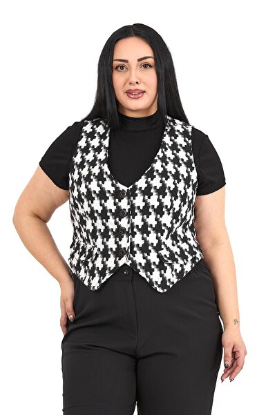 DISENTIS MODEST Plus Size Button Closure Pocket Flap Lined Short Houndstooth Pattern Vest