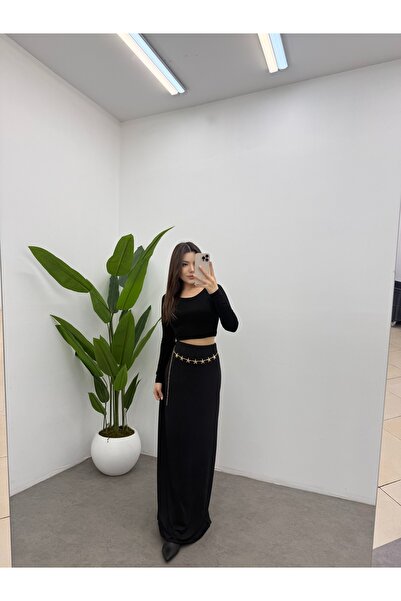 Ladima Women's Black Stretch Fabric High Waist Fitted Relaxed Polyamide Maxi Basic Skirt