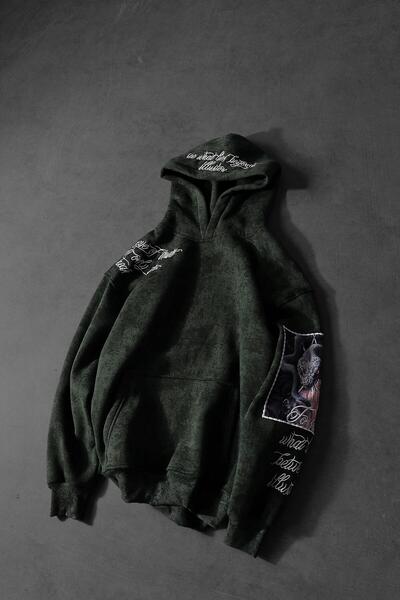 Slatra Men's Khaki Illusion Embroidered Patch Washed O Oversized K Hooded Sweatshirt