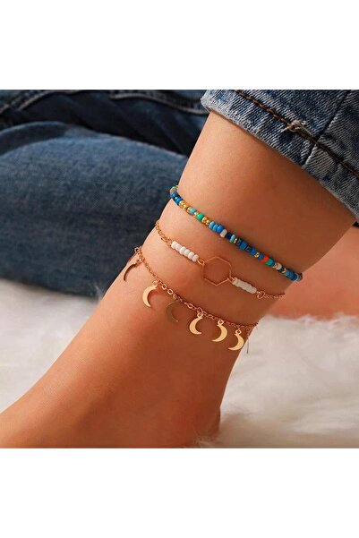 Pursehuit Set of 3 anklets, gold, with crescent moon and blue beads, Alexa C1