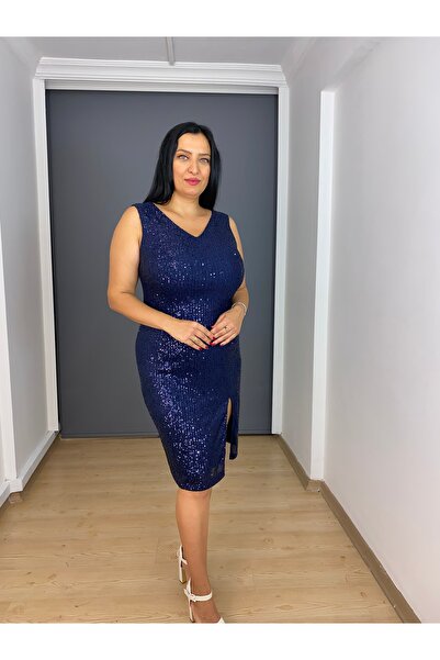 gökkuşagı moda Lacivert Büyük Beden Payet Kısa V Yaka Kalın Askılı Likralı Ab...