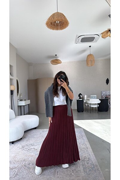 Buket Teke Burgundy Double Layer Wrinkled Fabric Maxi Skirt