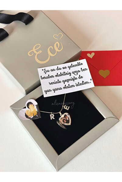 Alis Accessory İsim özel kutuda fotoğraflı kapaklı kalp kolye (gold veya gümü...