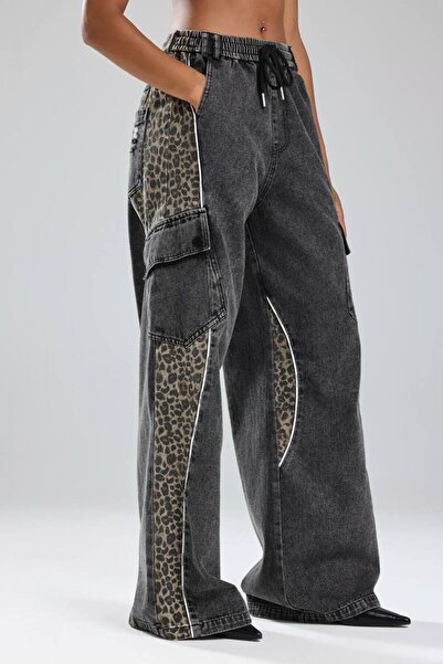 tw3 Women's Leopard Printed between Piped Detailed Design Jean Pants