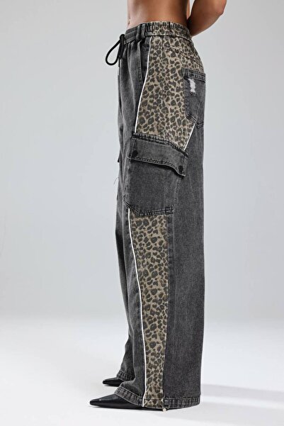 tw3 Women's Leopard Printed between Piped Detailed Design Jean Pants