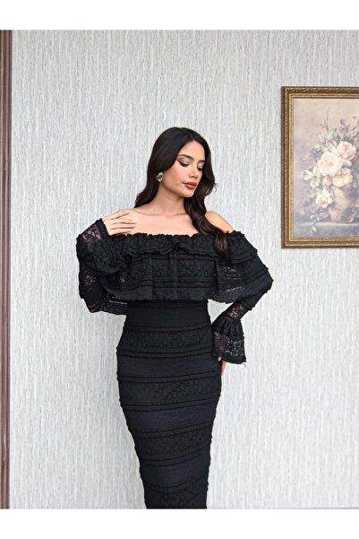 ESRAHELVACI Madonna Collar Ruffle Lace Midi Dress