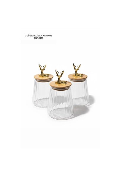 Enfa Geyikli Bambu Kapaklı 3’lü Cam Kavanoz Seti