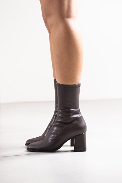 FSKOMBİN Wide Kahve Streç Kadın Kalın Topuklu Bot