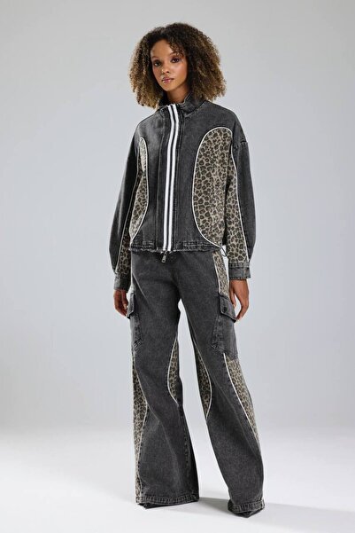 tw3 Women's Leopard Printed between Piped Detailed Design Denim Jacket