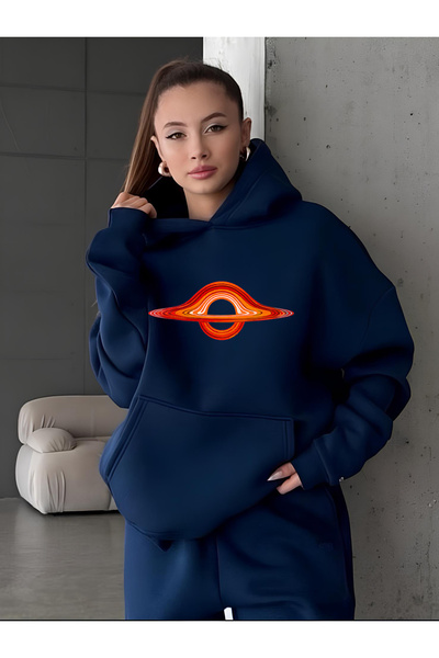 vikitekno سترة نسائية بغطاء رأس Kara Delik مطبوع قصة فضفاضة باللون الأزرق الداكن