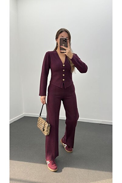 Narferita Freya Gold Düğmeli Hırka Ve Triko Pantolon Takım