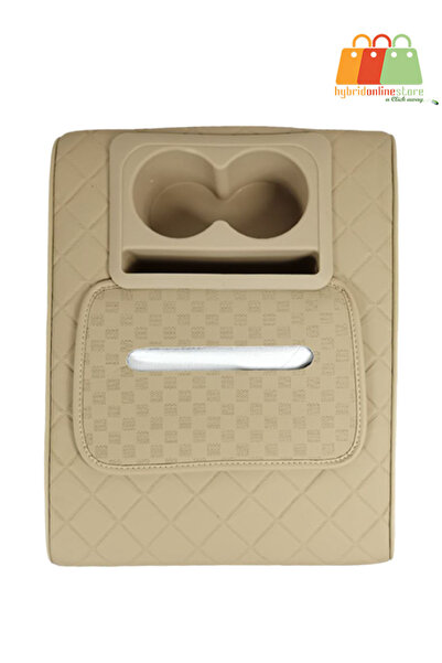 Generic مسند ذراع السيارة مع حاملي أكواب مزدوجين وعلبة مناديل - جلد بيج