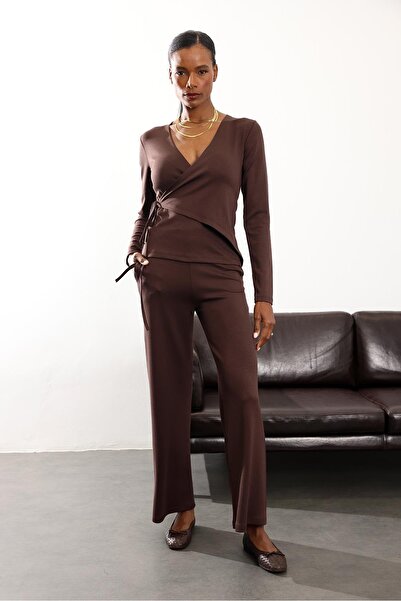 5in1Canpolat Brown Double-Breasted Top Modal Set 251040